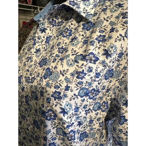 Nick Graham Mens Stretch Modern Fit Short Sleeve Floral Shirt White/Blue S - Picture 5 of 6